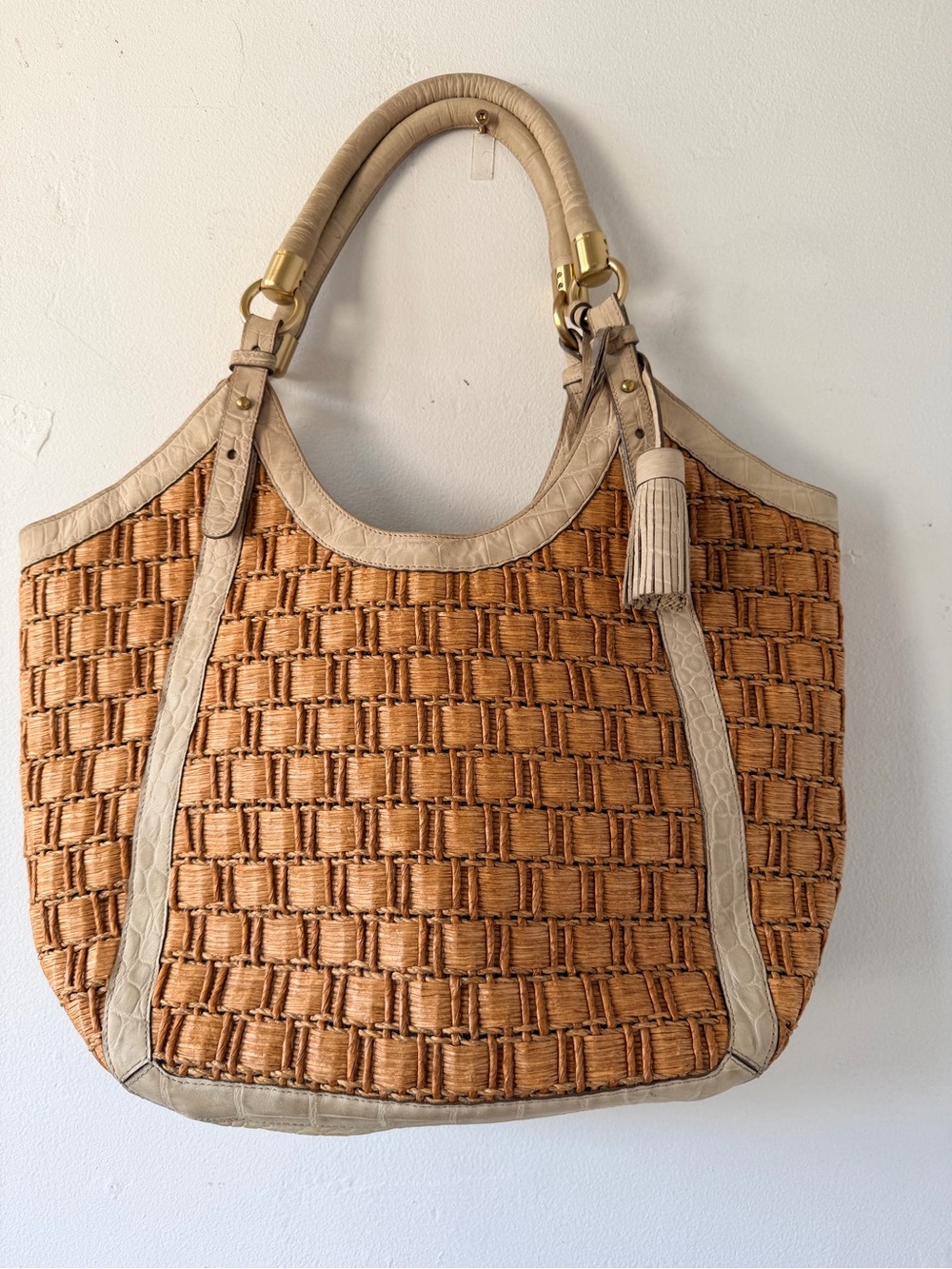 Brahmin Woven Straw Tote with Cream Leather Trim embossed croc - Picture 2 of 12